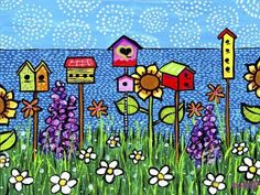 a painting of flowers and bird houses in the grass