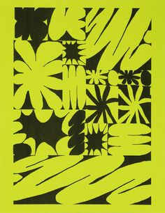 a black and yellow print with flowers on it's side, in the middle of an abstract pattern