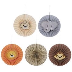 four paper fans with animals on them hanging from the ceiling in front of a white background