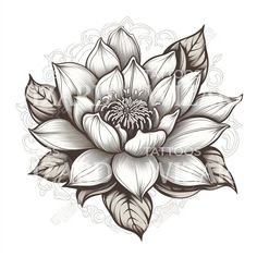 a black and white drawing of a flower with leaves on the bottom half of it