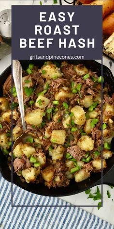 an easy roast beef hash browns recipe in a cast iron skillet