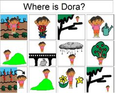 an image of where is dora? with pictures and words in the middle, there are flowers