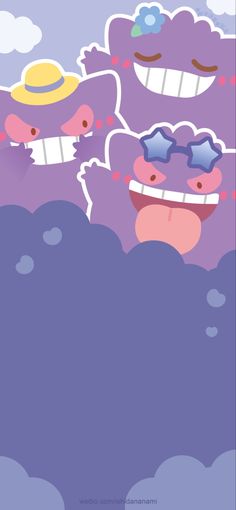 three cartoon characters with hats and sunglasses on their heads, one in the air above clouds