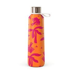 an orange and pink water bottle with hand prints on the side, sitting against a white background