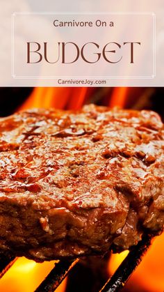 a hamburger on a grill with flames in the background and text overlay that reads cannivore on a budget