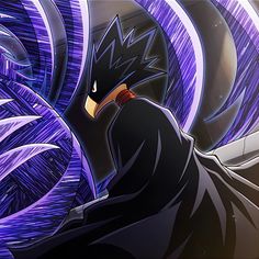 an anime character with purple hair and black clothes, standing in front of blue swirls