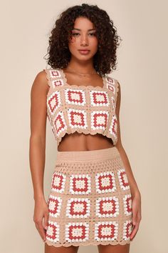 From vacay days to nights out, you'll impress everywhere you go in the Lulus Aesthetic Instinct Beige and Red Crochet Two-Piece Mini Dress! Ultra-cute crochet squares shape this perfect dress that has a sleeveless bodice with wide straps and a square neckline. Cropped bodice ends at a scalloped hem. Matching skirt has an elasticized waist and a figure-hugging silhouette, ending at a scalloped mini hem. Fit: This garment fits true to size. Length: Mid-thigh. Size medium Bust: Great for any cup si Crochet Two Piece Outfit, Squared Clothes, Crochet Two Piece, Pink Wrap Dress, Red Shift Dress, Blue Satin Dress, Sparkly Mini Dress, Black Homecoming Dress, Red Crochet