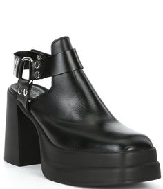 From Free People&#x2C; the Hybrid Harness Leather Shooties feature: Leather upper Leather lining Rubber outsole Slip-on closure Approx. 4" heel height Approx. 1.75" platform height Imported. Edgy Faux Leather Heels With Chunky Platform, Edgy Chunky Platform Heels In Faux Leather, Edgy Leather Heels With Buckle Closure, Edgy Platform Closed Toe Heels, Edgy Closed Toe Platform Heels, Edgy Closed-toe Platform Heels, Chunky Platform Ankle-high Heels For Formal Occasions, Leather Heels With Chunky Platform, Edgy Chunky Platform Heels With Closed Toe