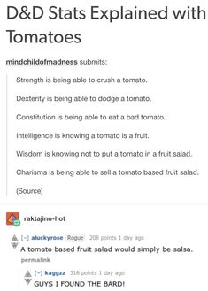 a screenshot of some type of text on a computer screen with the caption'd & d states explained with tomatoes '