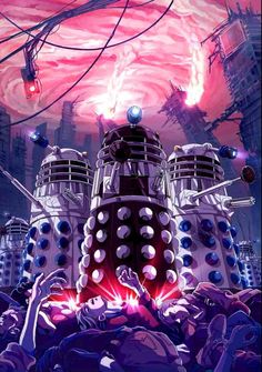 the doctor who is surrounded by other dales in front of a red and purple sky