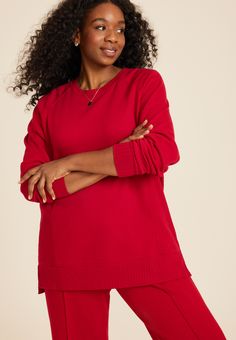 Plus Size Willowsoft Sweatshirt - Red Tops With Ribbed Cuffs For Loungewear, Red Ribbed Cuff Tops For Loungewear, Red Crew Neck Top For Loungewear, Red Relaxed Fit Sweater, Red Relaxed Fit Top For Layering, Red Relaxed Fit Top For Loungewear, Cozy Red Tops With Ribbed Cuffs, Maurices Plus Size, Blazers Shoes