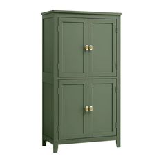 a green cabinet with three doors and two drawers