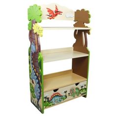 a toy book shelf with dinosaurs painted on the front and bottom shelves, along with two drawers