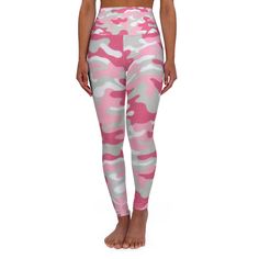 These skinny fitting high-waisted yoga leggings will take you from workout to store run in comfort and style. They are fully customizable with an all-over print that adds an instant pop to any athleisure wardrobe. Note: Runs small, consider sizing up! .: 100% polyester .: Skinny fit .: Outside seam thread is color-matched to design .: White inside seam thread .: Double layer waistband .: NB! When stretched excessively, some of the undyed white underneath material may become visible at the seams or where sewn. .: Assembled in the USA from globally sourced parts Rosa Leggings, High Waisted Yoga Leggings, Legging Outfits, Womens Leggings, Pink Camo, Pink Leggings, Outfits With Leggings, Yoga Leggings, Favorite Shirts