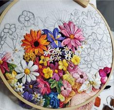 a close up of a embroidery on a piece of cloth with flowers in the background