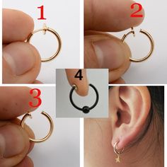 four pictures showing different types of piercings and how to put them in the ear