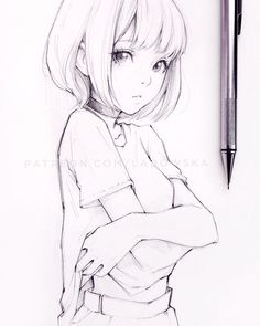 a pencil drawing of a girl with her arms crossed and looking at the camera, next to a pen