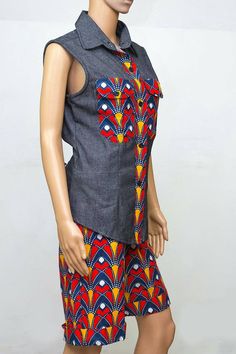 African Print Ankara Sleeveless Denim Top Shirt and Ankara African Print Short set. Denim and Ankara mix, Ankara Short set with Ankara Denim Shirt Top available in US Size 8-14. I can also make this in a Different Print for you and in any Size, so do hit me up. Thank you for choosing Berry Africana. Casual Sleeveless Patchwork Blouse, Sleeveless Patchwork Denim Vest, Casual Indigo Sets For Summer, Sleeveless Patchwork Denim Vest For Summer, Summer Sleeveless Patchwork Denim Vest, Summer Sleeveless Denim Vest With Patchwork, Edo Brides, Ankara Short, Nigerian Bride