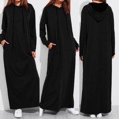 Women Maxi Dress Autumn Winter Vintage Hooded Sweatshirt Dresses Long Sleeve Vestidos Casual Solid Casual Plain Dresses For Winter, Casual Plain Winter Dress, Black Hooded Cotton Dress, Long Cotton Dress For Winter, Black Hooded Dress For Fall, Long Cotton Winter Dress, Casual Hooded Winter Dresses, Oversized Hooded Winter Dress, Long Casual Sweater Dress For Loungewear