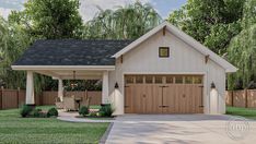 a two car garage with an attached porch