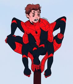 a drawing of a spider man sitting on top of a pole with his hands in his pockets