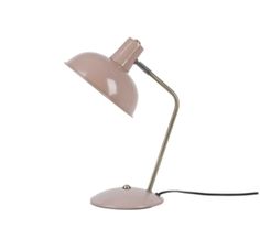 a pink table lamp with a white base and a black cord attached to the arm