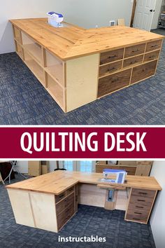 an office desk made out of wood with the words quilting desk on top and below it