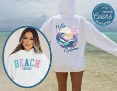 This cute Beach Hoodie is perfect for breezy coastal days or as a swimsuit cover up.  Its trendy front and back design and comfortable fit make it the perfect gift for any beach lover. So whether you're snuggling up on a breezy coastal day, on a Beach vacation this cute Beach hoodie is a great addition to your wardrobe.  Makes a great gift! ♥  ♥ A Tomorrows Look Today Signature Design - this item is Made to Order just for you! ♥  HOODIE  - D E T A I L S ------------------------------------------ Hooded Beach Tops For Spring, White Summer Hoodie Top, White Summer Top With Drawstring Hood, White Drawstring Hood Top For Summer, White Drawstring Hooded Top For Summer, Hooded Beach Tops For Summer, Hooded Summer Beach Tops, White Hoodie For Summer, Summer Vacation Cotton Hoodie