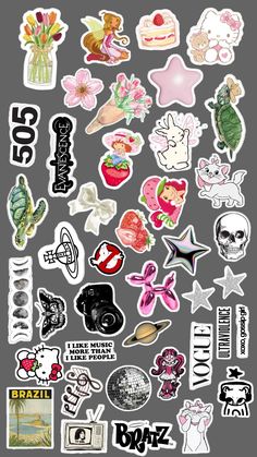 various stickers and decals on a gray background