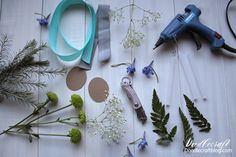 various tools and flowers laid out on a table