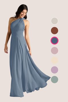 a woman in a long blue dress standing next to color swatches and the colors below her