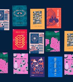 an assortment of posters with different colors and designs on them, including one for the poster