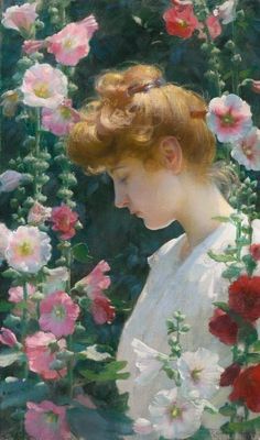 a painting of a woman surrounded by pink, red and white flowers in a garden