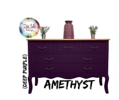 a purple dresser with plants on top and the words amethyst written below it