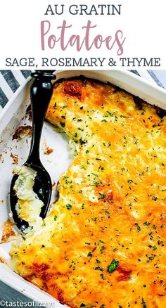 a casserole dish with cheese and herbs in it