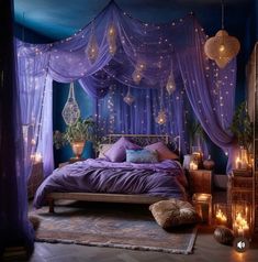 a bedroom decorated in purple and blue with lights hanging from the ceiling, bed canopy over it