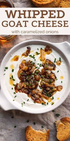 whipped goat cheese with caramelized onions in a white bowl