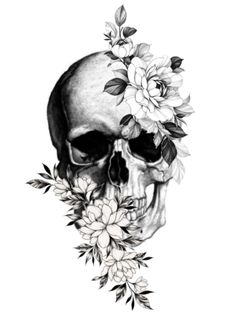 a drawing of a skull with flowers on it's head and leaves around its neck