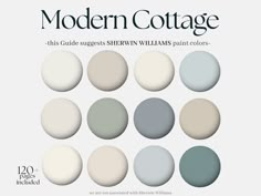 the cover of modern cottage magazine, featuring different shades of gray and white paint colors