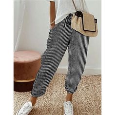 Season:Spring  Summer; Fabric:Linen Cotton Blend; Gender:Women's; Style:Casual Daily; Elasticity:Inelastic; Occasion:Weekend; Fit Type:Regular Fit; Function:Breathability,Comfortable; Pattern:Striped; Design:Side Pockets,Drawstring; Pants Type:Pants Trousers; Front page:FF; Listing Date:04/24/2024; Production mode:External procurement; Length:; Waist:; Fit US Size:; Fit UK Size:; Fit EU Size:; Pants Length:Ankle-Length; Print Type:Other Prints Affordable Casual Bottoms With Vertical Stripes, Cheap Bottoms With Side Stripes For Spring, Cheap Pants With Elastic Waistband For Beach Season, Cheap Casual Bottoms With Striped Hem, Trouser Pants Women, Spring Summer 2024, Type Of Pants, Drawstring Pants, Pants Trousers