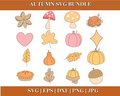 the autumn svg bundle includes pumpkins, leaves and mushrooms