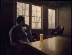 a painting of a man sitting at a table with a beer in front of him