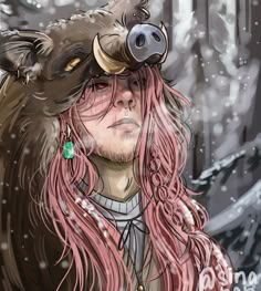 a woman with long pink hair wearing a boar's head and green earrings in the snow