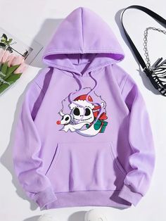 Festive Fun: Christmas Cartoon Pattern Hoodie - Women's Casual Drawstr Christmas Purple, Cartoon Hoodie, Fall Purple, Pattern Hoodie, Christmas Cartoon, Christmas Black, Christmas Cartoons, Pocket Pattern, Cartoon Pattern