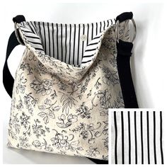 a black and white striped bag with flowers on it, next to a small purse