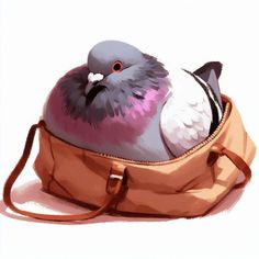 a bird sitting on top of a brown purse