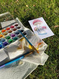 an artist's palette and watercolors on the grass