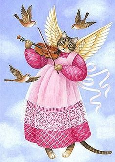 a painting of a cat playing the violin with birds flying around it in the sky