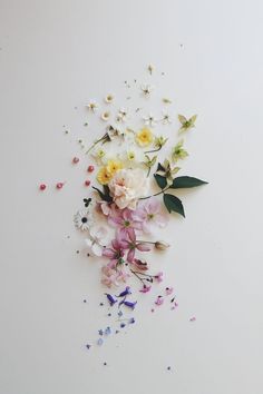 flowers are scattered on top of each other in the middle of a white surface with confetti sprinkles