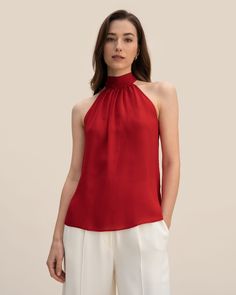 Silk is the perfect material for this classic translucent and smooth halter top, a combination of beauty and grace. Red Pomegranate, Halter Tank Top, Halter Tank, Silk Tank Top, Halter Tops, Halter Neck Top, Silk Tank, Summer Party, Summer Wear